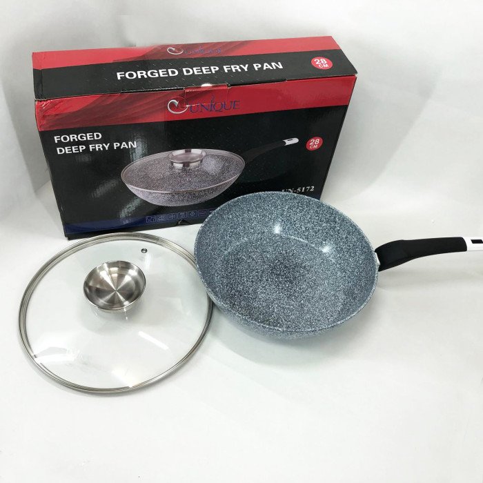 Сковорода глибока UNIQUE UN-5172 28 см з кришкою, Міцна сковорідка з антипригарним покриттям