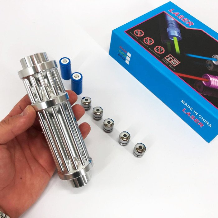 Потужна лазерна указка YX-B017, синій промінь, 5 насадок, акумулятор 2х16340, надпотужна лазерна указка