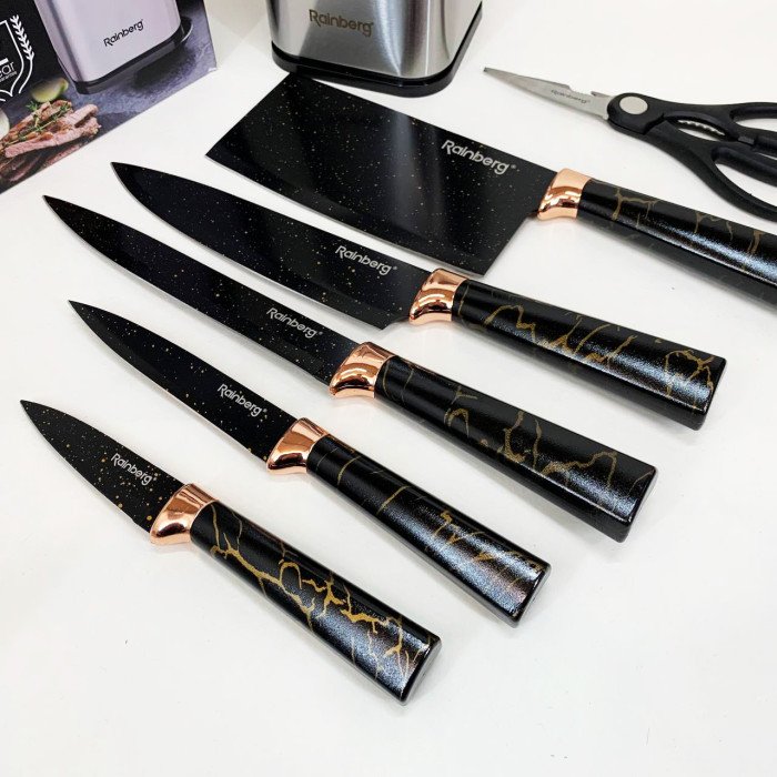 Набір ножів з нержавіючої сталі з підставою Rainberg RB-2325 Black