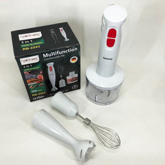 Блендер 3в1 Rainberg RB-2243 500W занурювальний блендер подрібнювач для молочних коктейлів. Колір: білий