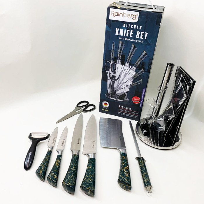 Набір кухонних ножів Rainberg RB-2499 8 предметів на підставці, що обертається Green