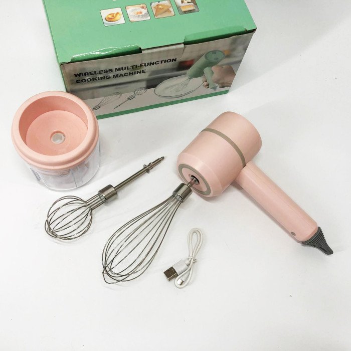 Ручний бездротовий міксер-подрібнювач 2 в 1. Колір: рожевий