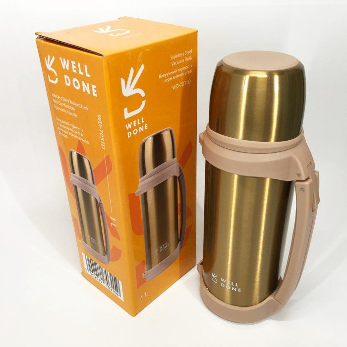 Термос вакуумний 1 л Well Done WD-7031D, Термос для спортсменів, Термос для води. Колір: коричневий