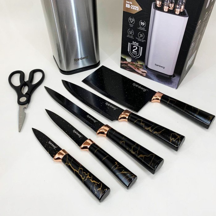 Набір ножів з нержавіючої сталі з підставою Rainberg RB-2325 Black