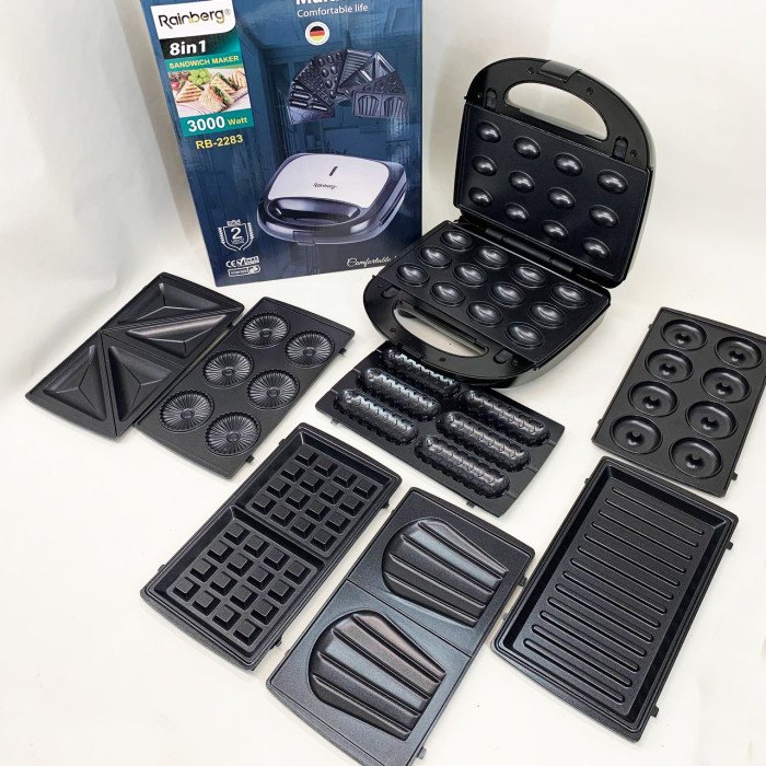 Електрична бутербродниця мультимейкер 8 в 1 Rainberg RB-2283 3000Вт із змінними насадками