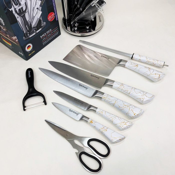 Набір кухонних ножів Rainberg RB-2499 8 предметів на підставці, що обертається White