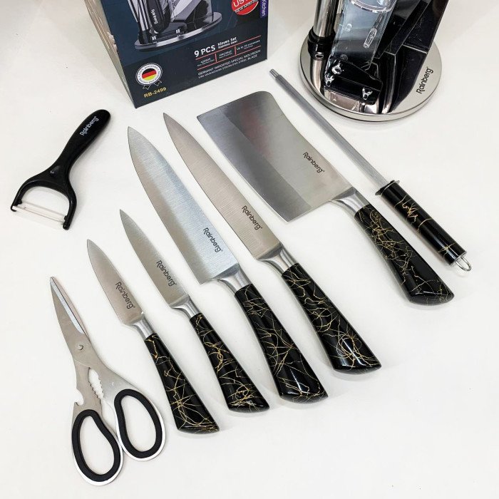 Набір кухонних ножів Rainberg RB-2499 8 предметів на підставці, що обертається Black