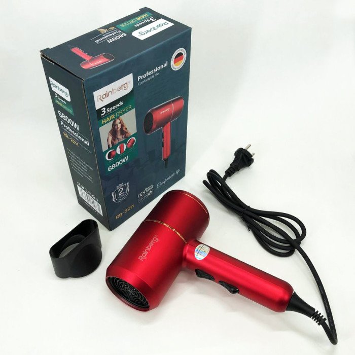 Фен для укладання та сушіння волосся Rainberg RB-2211 + насадка-концентратор, повітряний стайлер. Колір: червоний