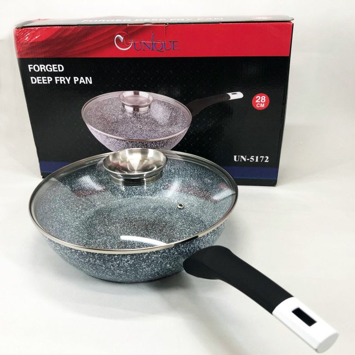 Сковорода глибока UNIQUE UN-5172 28 см з кришкою, Міцна сковорідка з антипригарним покриттям