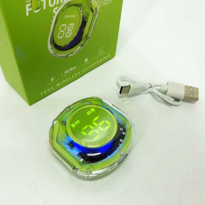 Бездротові навушники TWS T8 PRO з прозорим кейсом Вакуумний LED дисплей Bluetooth 5.3. Колір: зелений