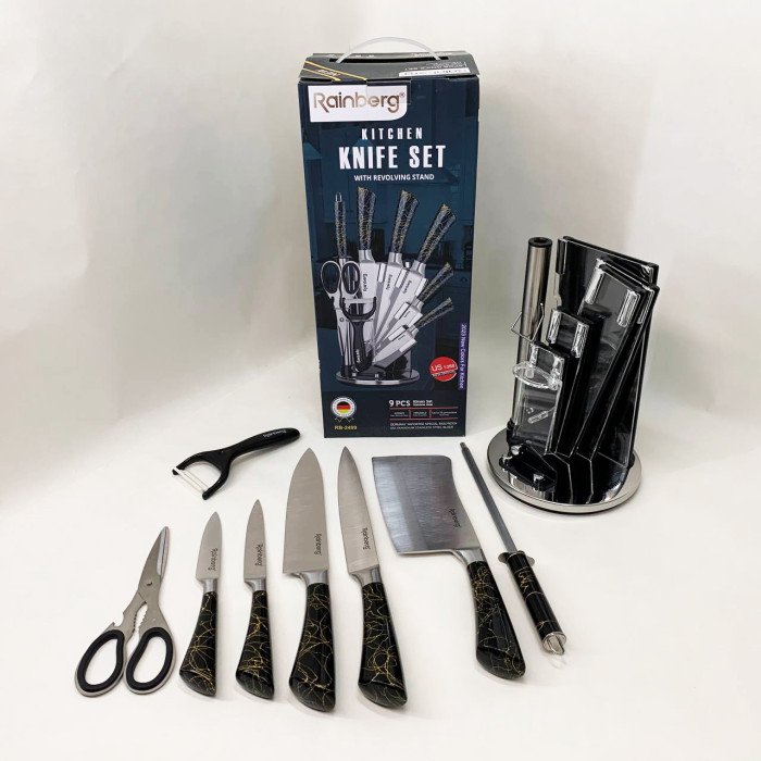 Набір кухонних ножів Rainberg RB-2499 8 предметів на підставці, що обертається Black