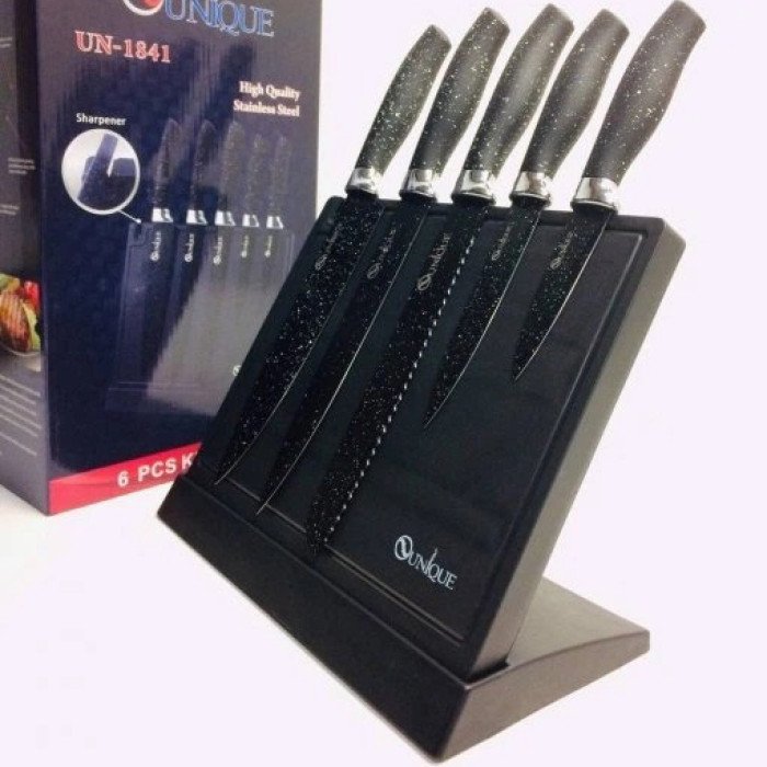 Набір ножів UNIQUE UN-1841 з нержавіючої сталі з підставкою + точила 6 предметів