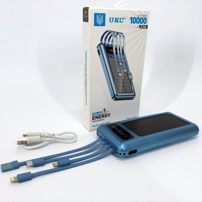 Портативний зарядний пристрій на 10000 mAh, Power Bank на сонячній батареї, заряджання. Колір: синій
