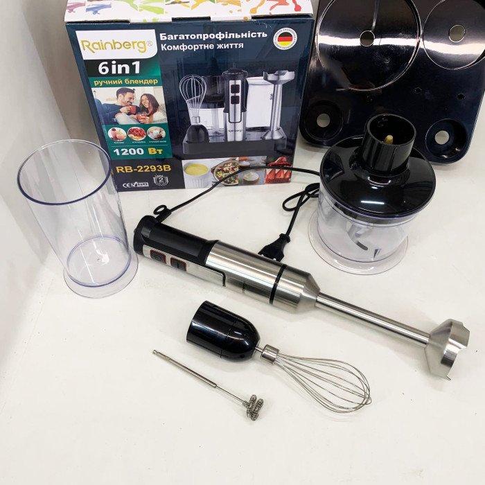 Багатофункціональний блендер 6в1 Rainberg RB-2293 1200 Вт кухонний подрібнювач ручний блендер міксер Black