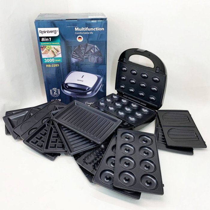 Електрична бутербродниця мультимейкер 8 в 1 Rainberg RB-2283 3000Вт із змінними насадками