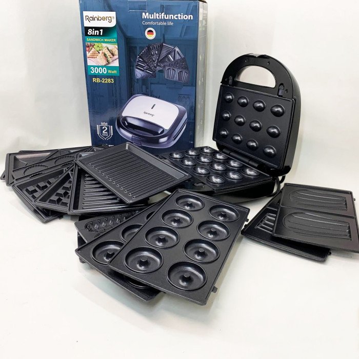 Електрична бутербродниця мультимейкер 8 в 1 Rainberg RB-2283 3000Вт із змінними насадками