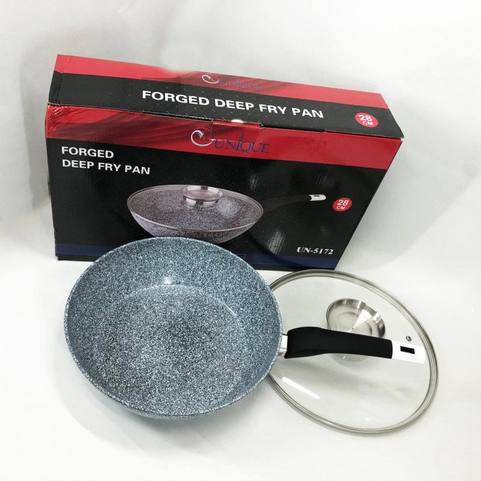Сковорода глибока UNIQUE UN-5172 28 см з кришкою, Міцна сковорідка з антипригарним покриттям