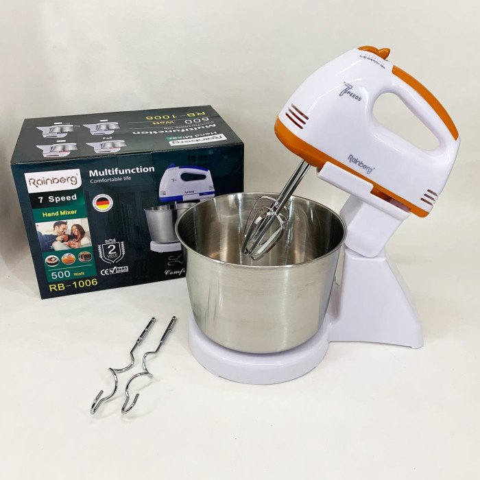 Стаціонарний електричний міксер із чашею Rainberg RB-1006 500W з насадками для замішування тіста Orange