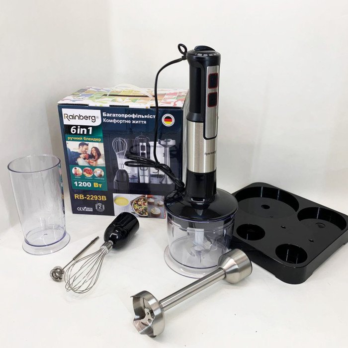 Багатофункціональний блендер 6в1 Rainberg RB-2293 1200 Вт кухонний подрібнювач ручний блендер міксер Black