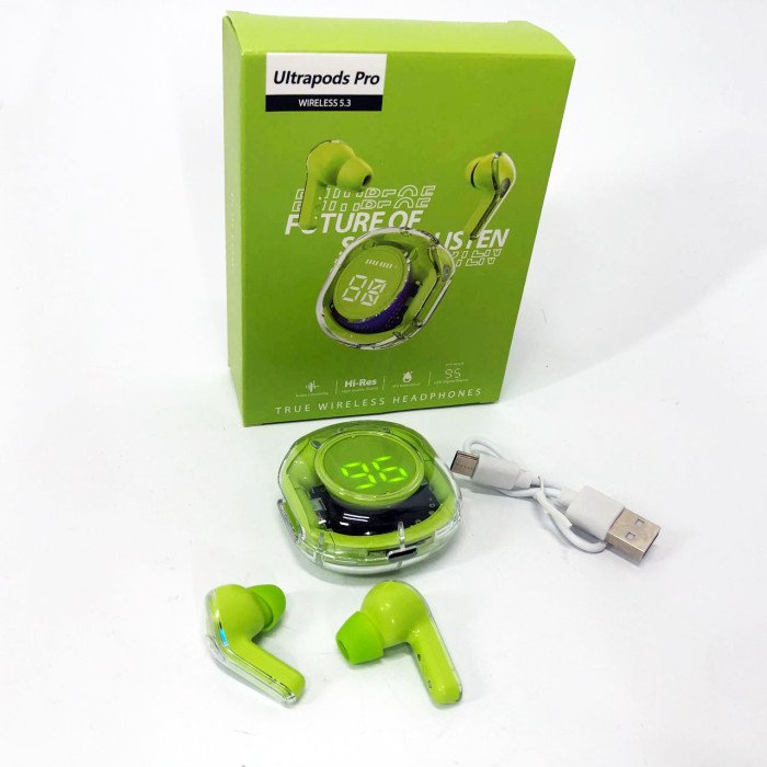 Бездротові навушники TWS T8 PRO з прозорим кейсом Вакуумний LED дисплей Bluetooth 5.3. Колір: зелений