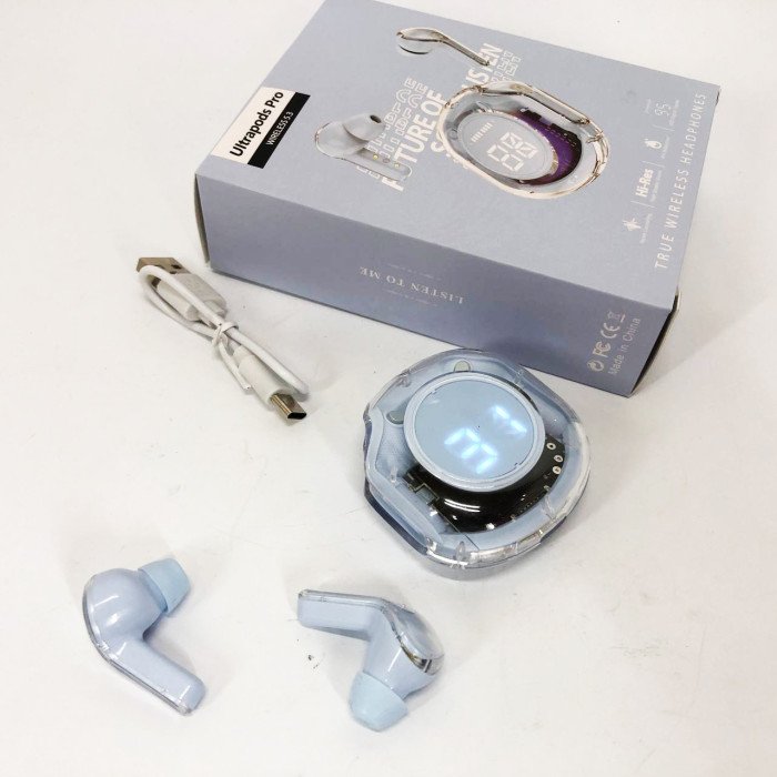 Бездротові навушники TWS T8 PRO з прозорим кейсом Вакуумний LED дисплей Bluetooth 5.3. Колір: блакитний