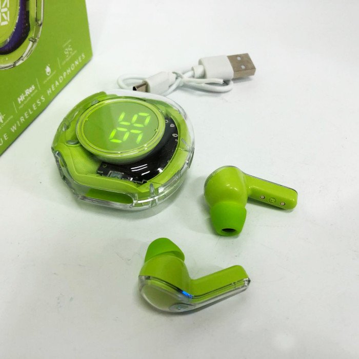 Бездротові навушники TWS T8 PRO з прозорим кейсом Вакуумний LED дисплей Bluetooth 5.3. Колір: зелений