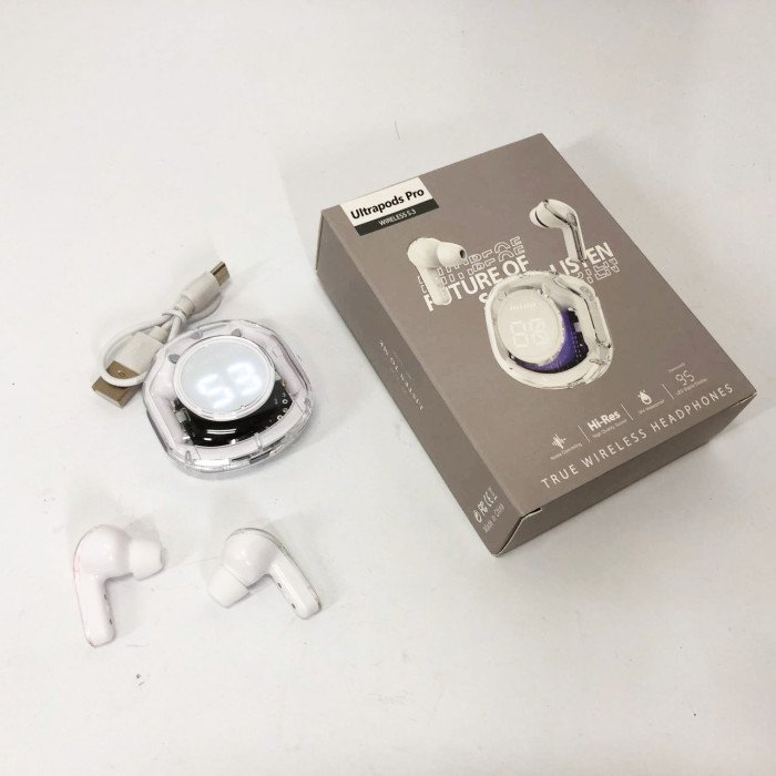 Бездротові навушники TWS T8 PRO з прозорим кейсом Вакуумний LED дисплей Bluetooth 5.3. Колір: білий