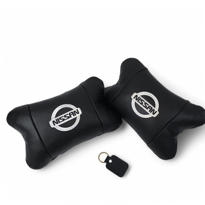 Подушки в авто 2 шт Nissan, натуральна шкіра, з логотипом Ніссан, на підголівник для вашої машини