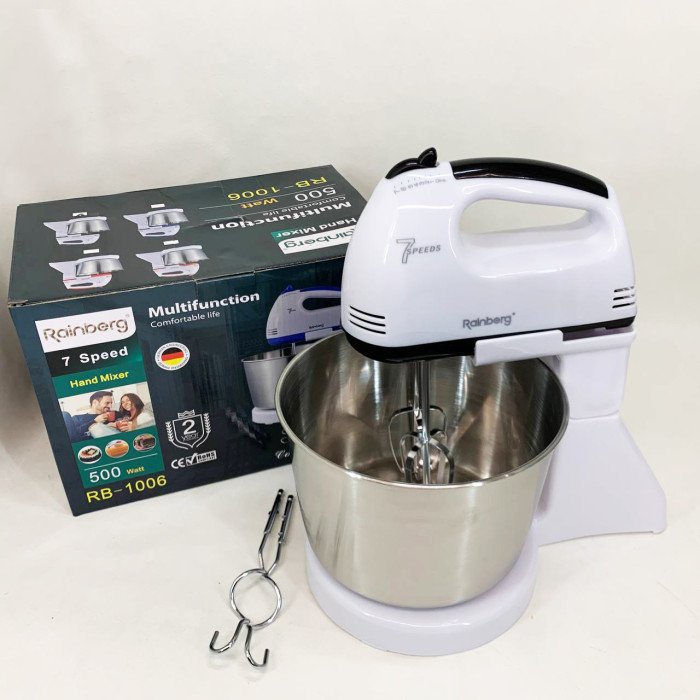 Стаціонарний електричний міксер із чашею Rainberg RB-1006 500W з насадками для замішування тіста Black