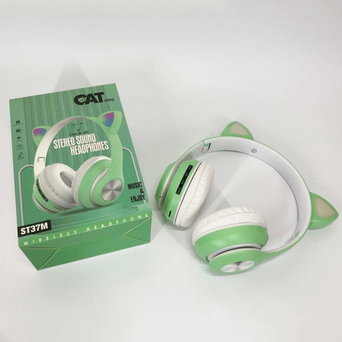 Навушники накладні бездротові ST37M зі котячими вушками, що світяться. Колір: зелений