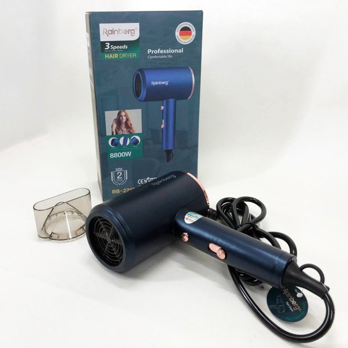 Фен Rainberg RB-2212 8800 W з регуляцією температури та швидкості для сушіння та укладання волосся. Колір: синій