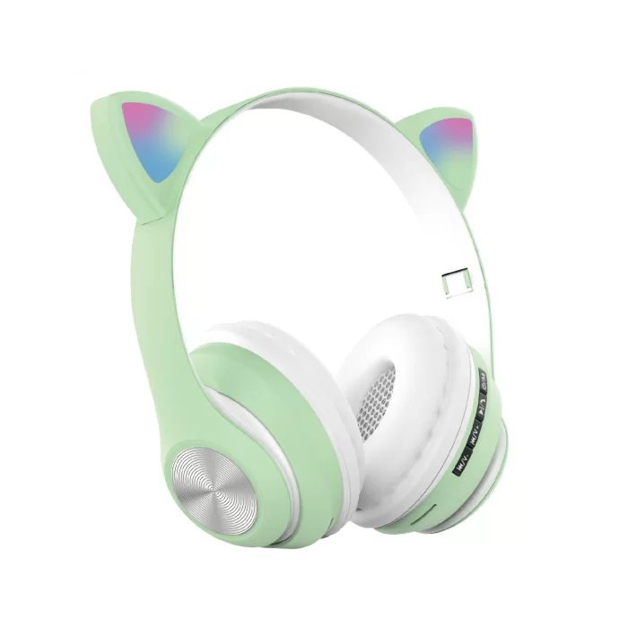 Навушники накладні бездротові ST37M зі котячими вушками, що світяться. Колір: зелений