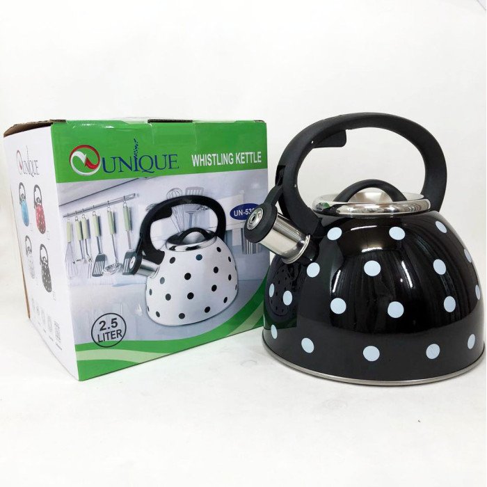 Чайник із свистком для газової плити Unique UN-5301 2,5л горошок, гарний чайник. Колір: чорний