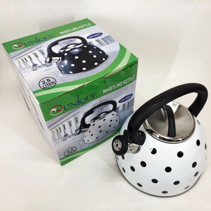Чайник із свистком для газової плити Unique UN-5301 2.5л горошок, чайники для плит. Колір: білий
