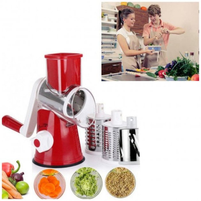 Овочерізка мультислайсер Tabletop Drum Grater Kitchen Master Терка для овочів та фруктів 3 насадки. Колір: червоний