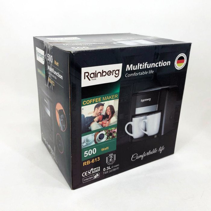 Кавоварка краплинна Rainberg RB-613 (0,3 л, 500 Вт) з двома керамічними чашками, маленька кофемашина