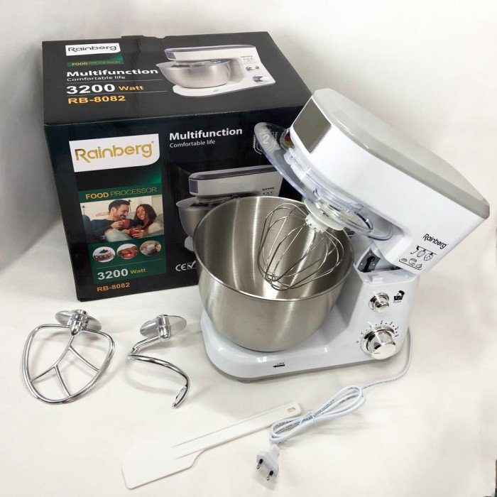 Кухонний комбайн Rainberg RB-8082 3200 Вт, Планетарний міксер-тестоміс з чашею 5л, 3 насадки, 6 швидкостей