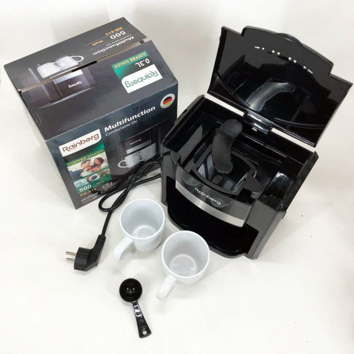 Кавоварка краплинна Rainberg RB-613 (0,3 л, 500 Вт) з двома керамічними чашками, маленька кофемашина