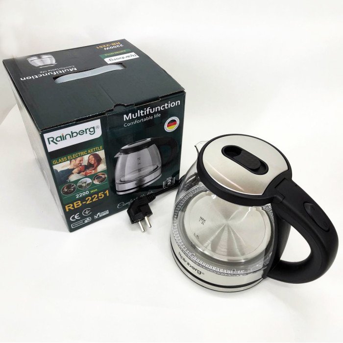 Електрочайник скляний Rainberg RB-2251 - 1л, стильний електричний чайник, безшумний чайник