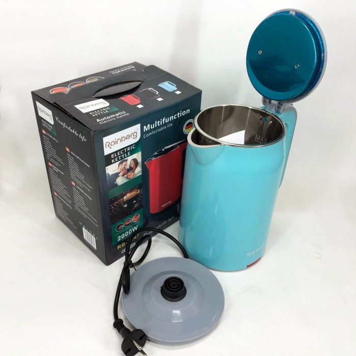 Чайник електричний Rainberg RB-2247 2000Вт 2 л, тихий електричний, безшумний чайник. Колір: блакитний