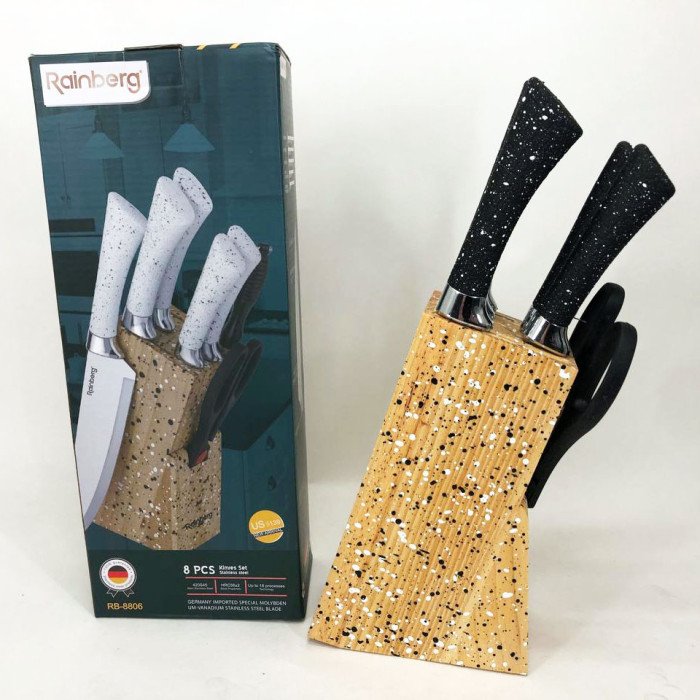Набір ножів Rainberg RB-8806 на 8 предметів з ножицями та підставкою з нержавіючої сталі. Колір: чорний