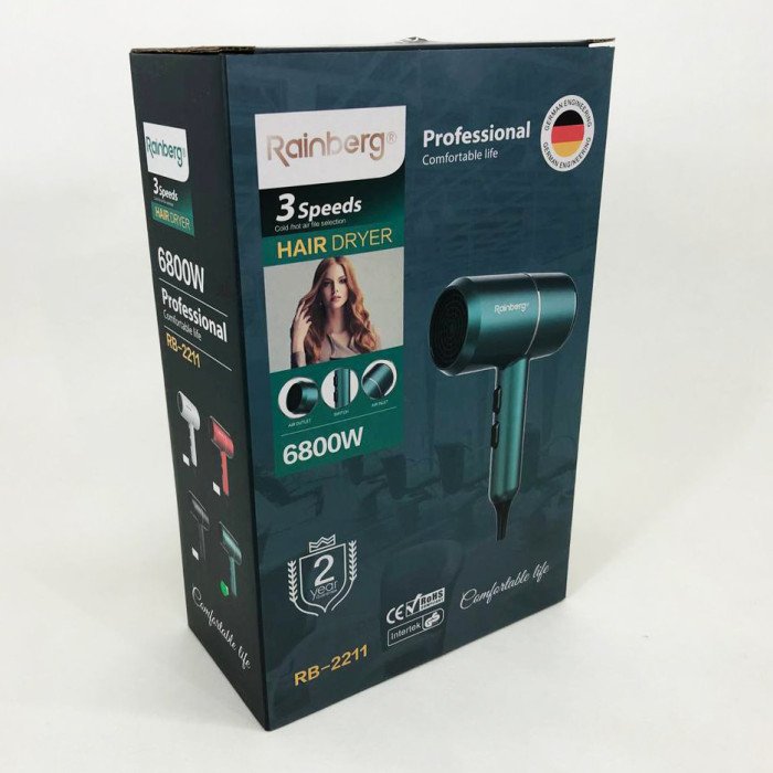 Фен для укладання та сушіння волосся Rainberg RB-2211 + насадка-концентратор, гарний потужний фен. Колір: зелений