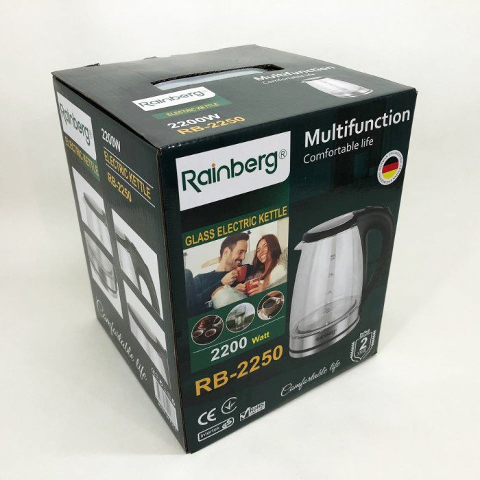 Електричний скляний чайник Rainberg RB-2250 з LED підсвічуванням 2200 Вт 1.8л, хороший електро чайник