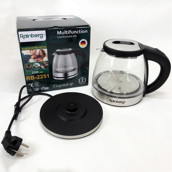 Електрочайник скляний Rainberg RB-2251 - 1л, стильний електричний чайник, безшумний чайник