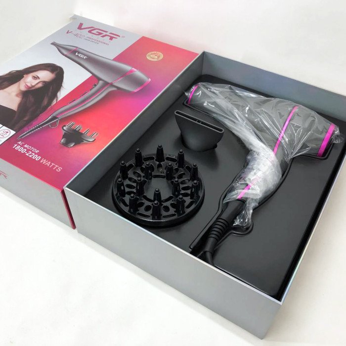 Професійний потужний фен з насадками VGR V-402 з концентратором та дифузором для сушіння та укладання волосся