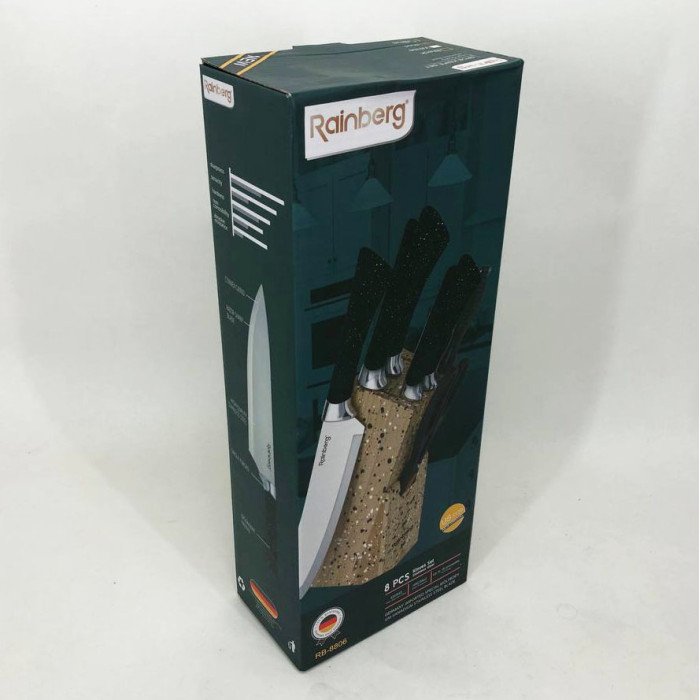 Набір ножів Rainberg RB-8806 на 8 предметів з ножицями та підставкою з нержавіючої сталі. Колір: блакитний
