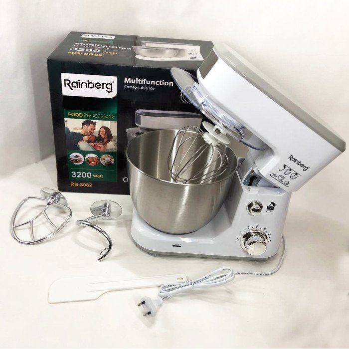 Кухонний комбайн Rainberg RB-8082 3200 Вт, Планетарний міксер-тестоміс з чашею 5л, 3 насадки, 6 швидкостей