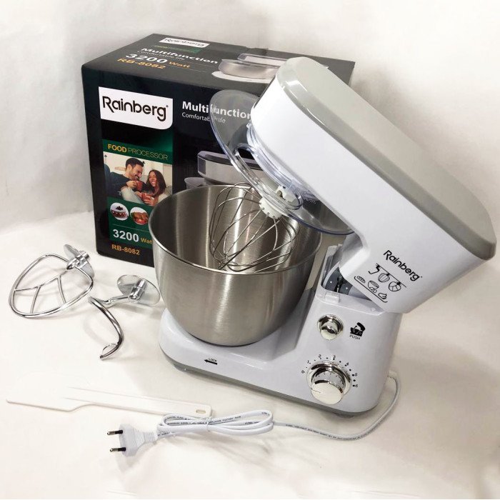Кухонний комбайн Rainberg RB-8082 3200 Вт, Планетарний міксер-тестоміс з чашею 5л, 3 насадки, 6 швидкостей