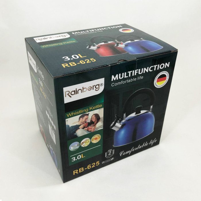 Чайник Rainberg RB-625 із нержавіючої сталі зі свистком 3л гарний чайник для газової плити. Колір: синій
