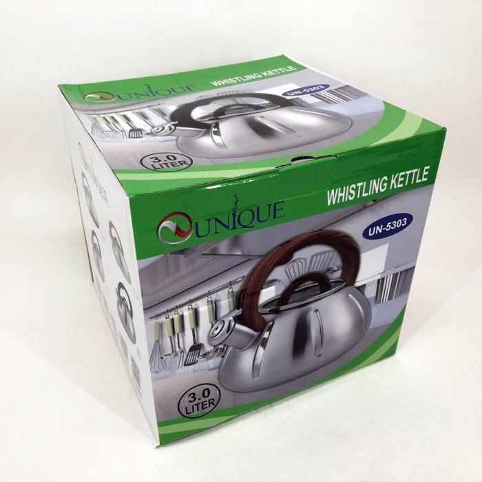 Чайник із свистком Unique UN-5303 кухонний на 3 літри, металевий чайник із нержавіючої сталі. Колір: чорний